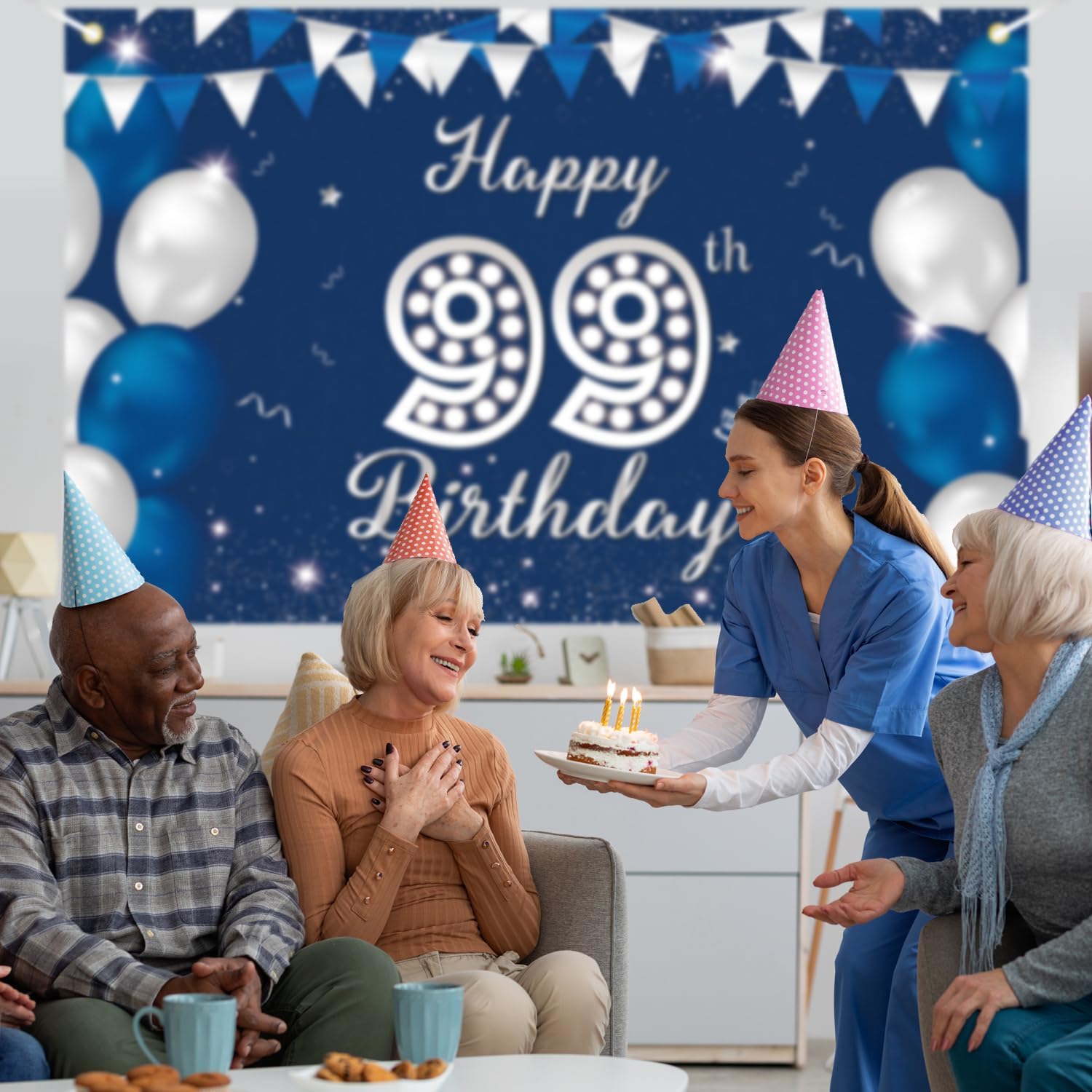 JOYKY Happy 99th Birthday Banner, Blue Silver Happy 99th Birthday Party Decorations for Men, 99 Year Old Birthday Supplies Backdrop Décor, 5.9 X 3.8 Fts