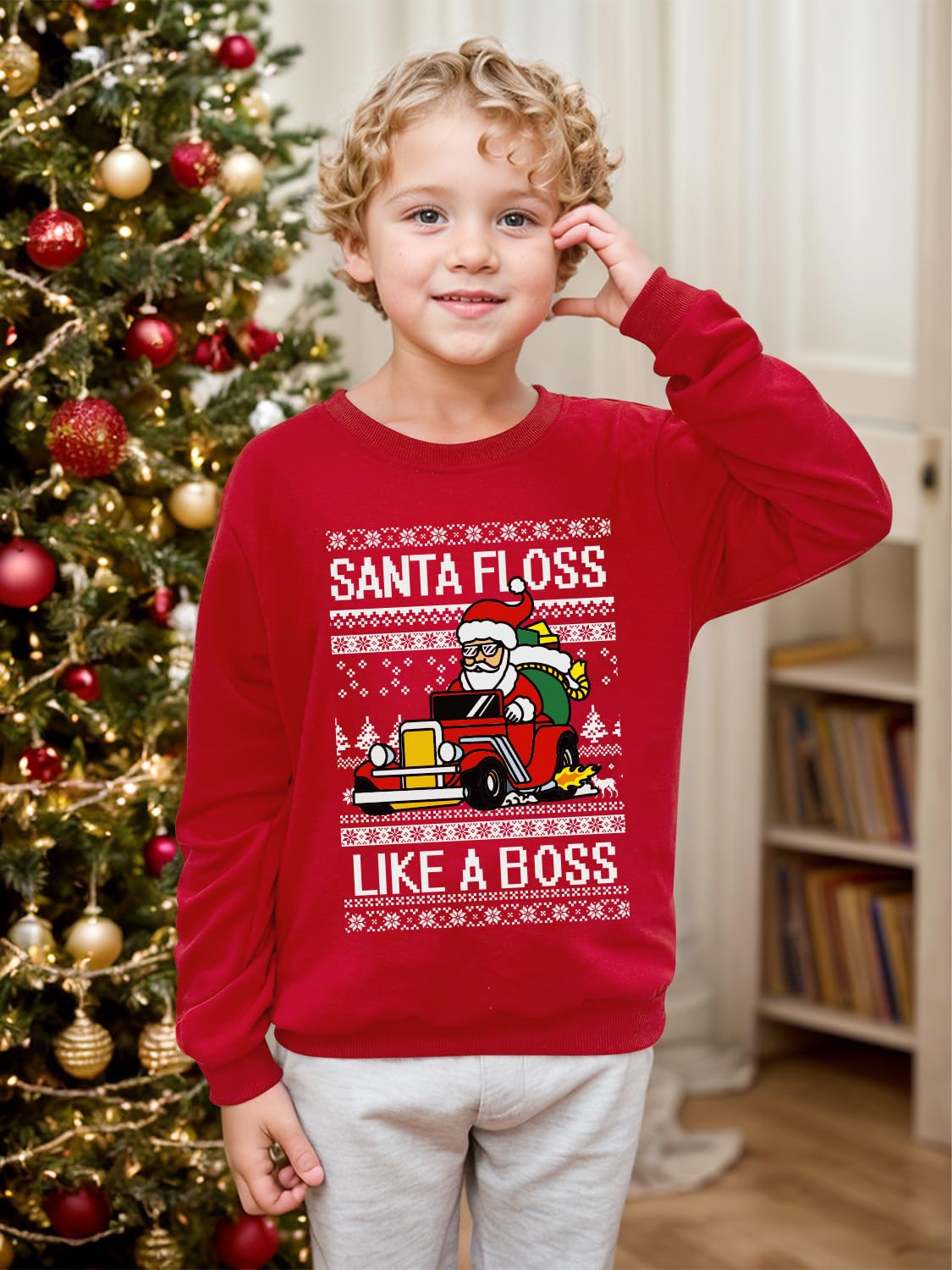Glimnerize Christmas Kids Tops Sweatshirt Crew Neck Santa Claus Unisex Christmas Jumper Sweater Red-A2 5-6Y(120) - Image 3