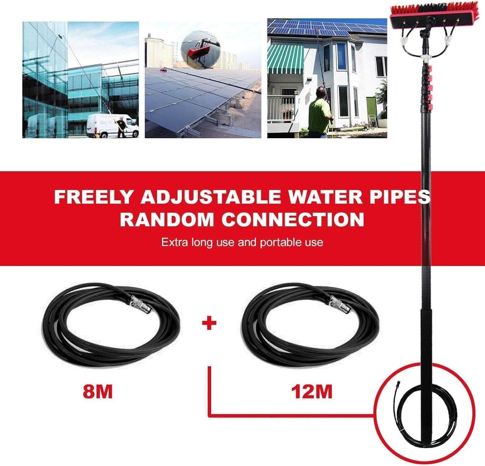Cepillo telescóo Exteble para Limpieza de Ventanas - Varilla de 3-18 m con alimentación de Agua, Limpiador de Paneles solares de Aluminio con Cepillo de 35 cm para una limpie