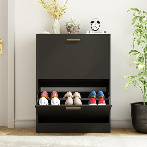 Miniatura 82 de Armario de almacenamiento de zapatos para entrada, delgado y estrecho con 2 cajones abatibles, organizador de zapatos oculto independiente, gabinete
