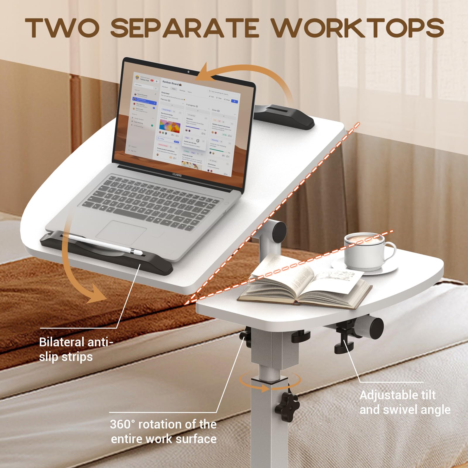 Soontrans Table de lit sur roulettes - 60 x 40 cm - Réglable en hauteur - Plateau inclinable à plusieurs angles - Pour lit d'hôpital, lit de soins, salon, chambre à coucher, bureau (blanc)
