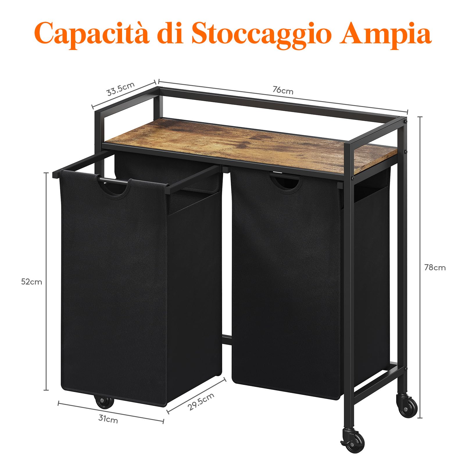 Lifewit Cesto Portabiancheria con Ruote, Mobile Biancheria Sporca con Sacco Porta Biancheria in Tessuto Oxford e Ripiano in Metallo per Lavanderia, Camere da Letto, Bagno, 2 Scomparti, 95 L, Nero