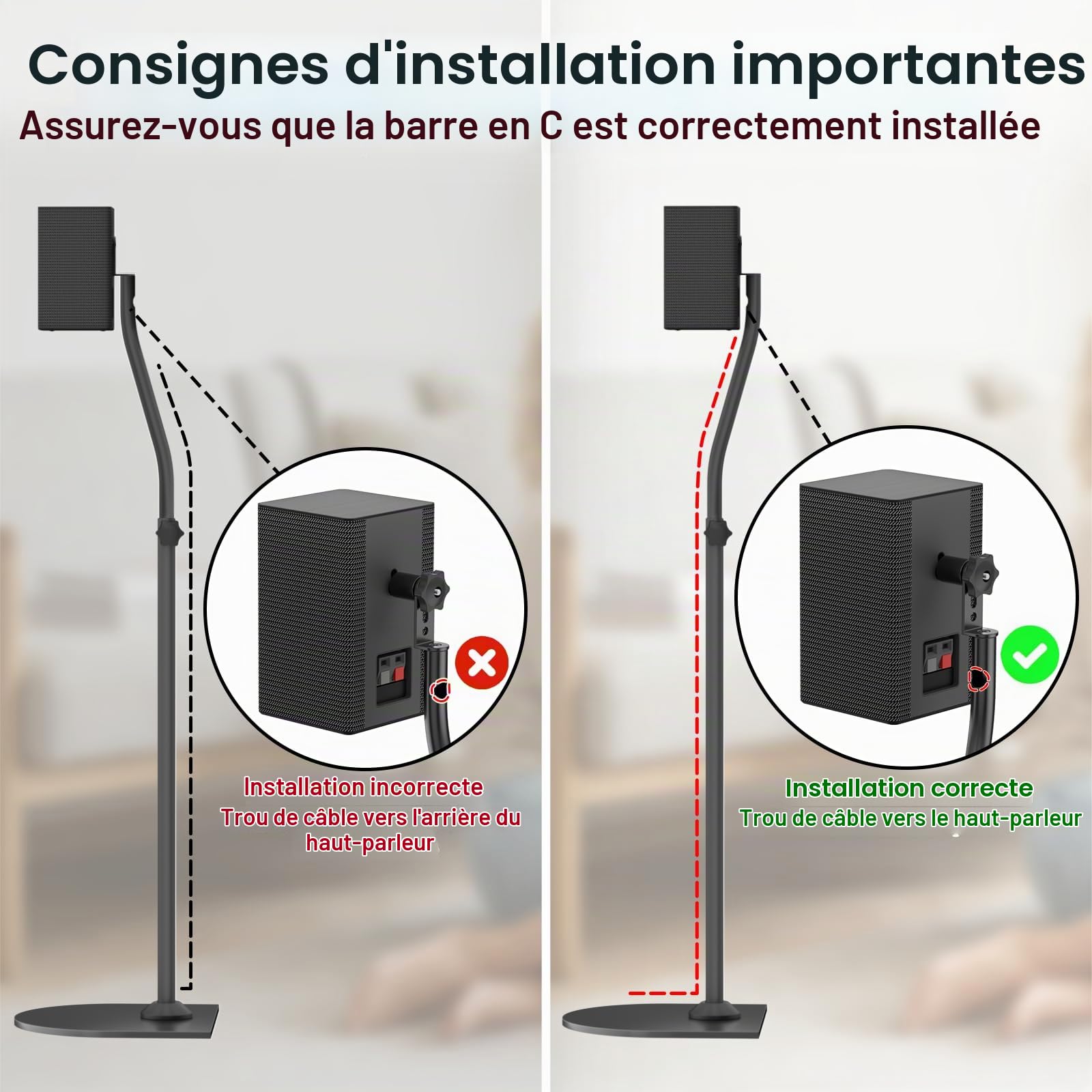 Paire de Pieds d’Enceinte universels, réglables en Hauteur de 84 à 106 cm, avec Fixation Murale pour Les Enceintes arrière et Les Enceintes Surround pour Samsung, Vizio, Bose, LG, Roku