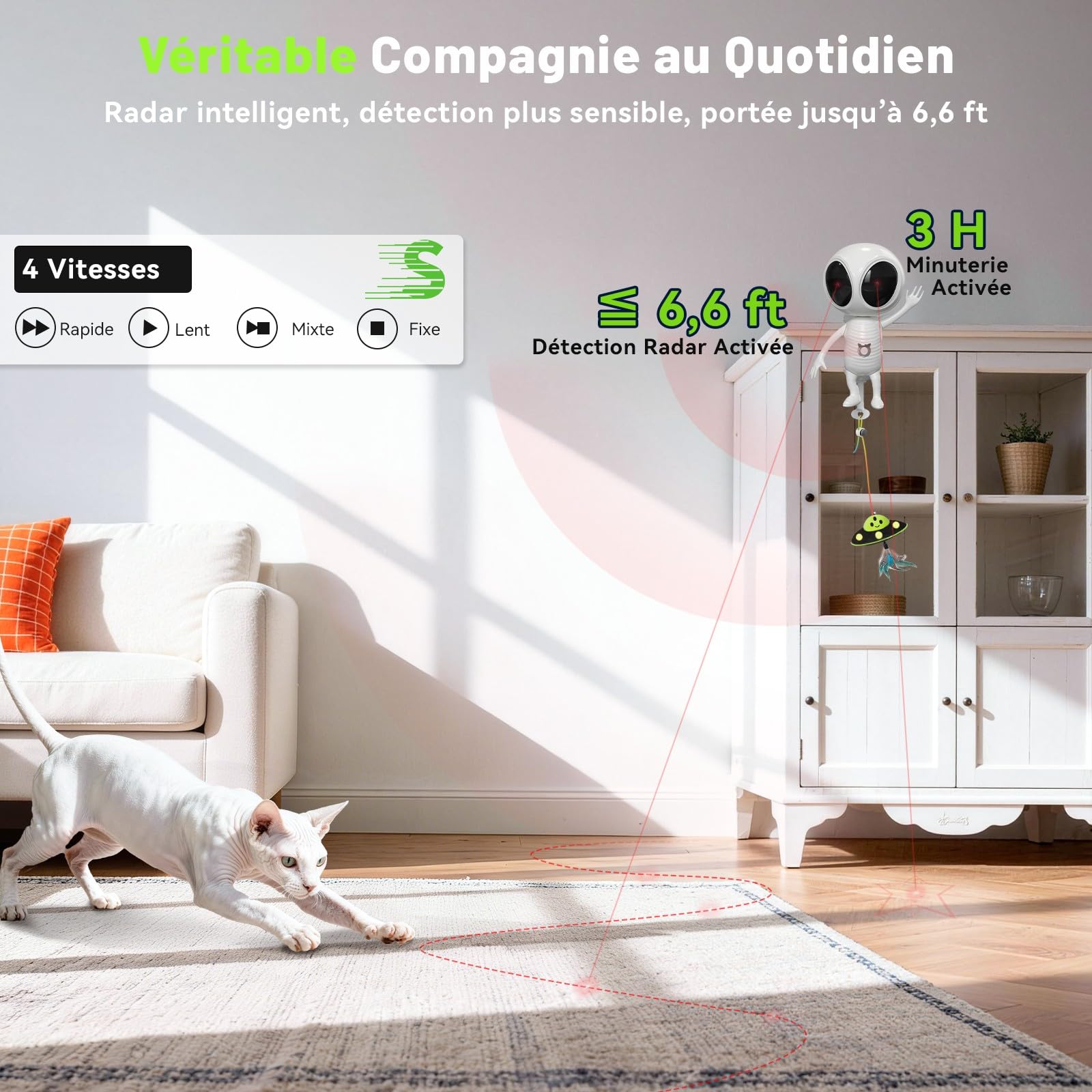 GoldenSun Jouet interactif 2 en 1 automatique avec double projection et pendentif OVNI pour chat d'appartement, activé par le mouvement, rechargeable, 4 modes de jeu, fixation par pince, blanc