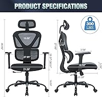 Vista 2 de Ergonomic Office Chair with Adjustable Headrest & 3D Armrests, High Back Mesh Desk Chair with Lumbar Support, Reclining Lock 97°-125°, Swivel