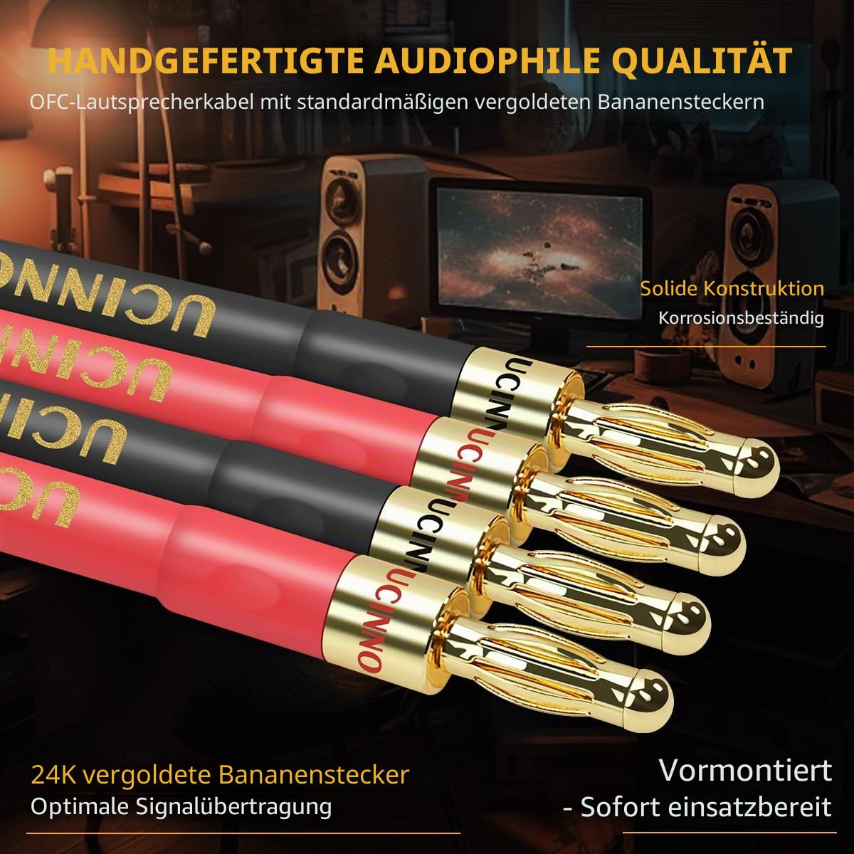 UCINNOVATE Lautsprecherkabel Mit Bananensteckern, 2 Stück, 3 M, 14 Gauge, Vergoldete Anschlüsse für Heimkino, HiFi- und Heim-Audio, OFC-Kabel für Amp