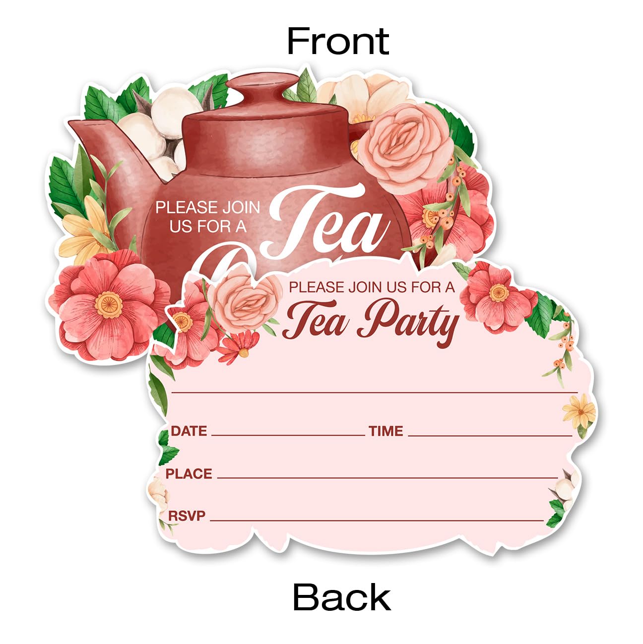 QYCFDXD Floral Tea Party Invitations with Envelopes, 20 Set High Tea Pot Shaped Invitations Party Invites Supplies Favors, Double-Sided