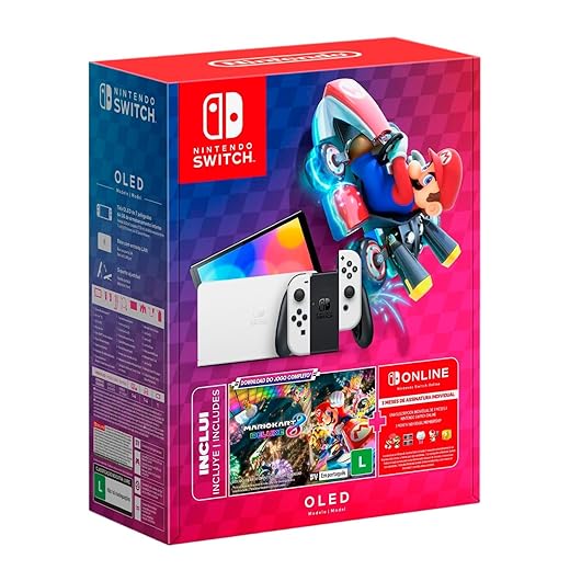 Nintendo, Console + Jogo, Switch OLED Branco, Jogo Digital Mario Kart 8 Deluxe, 3 Meses de Assinatura Nintendo Switch Online