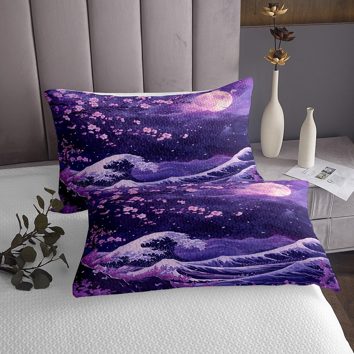 Erosebridal Purple Cherry Blossom Bedspread Set Queen,Violet Japanese Style Coverlet Sets,Ocean Waves Moon Bedding Set,Marine Coastal Nautical Theme Room Decor with 2 Pillow Cases