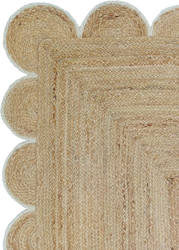 knight fury Scalloped Natural Jute Area Rug, Hand Woven Classic Rug Kitchen Rugs, Rugs for Living & Bedroom (White, 2x3 feet)