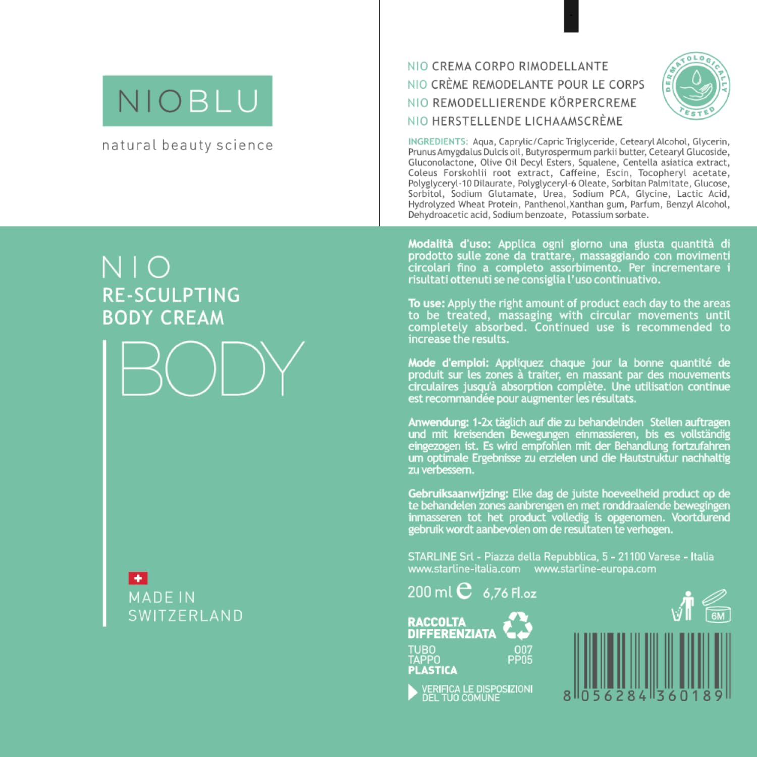 Nio Crema Corpo Rimodellante - Nutriente e Idratante - Contrasta gli Inestetismi della Cellulite - Pelle liscia e tonica - Con ingredienti naturali - Tecnologia avanzata - 200 ml