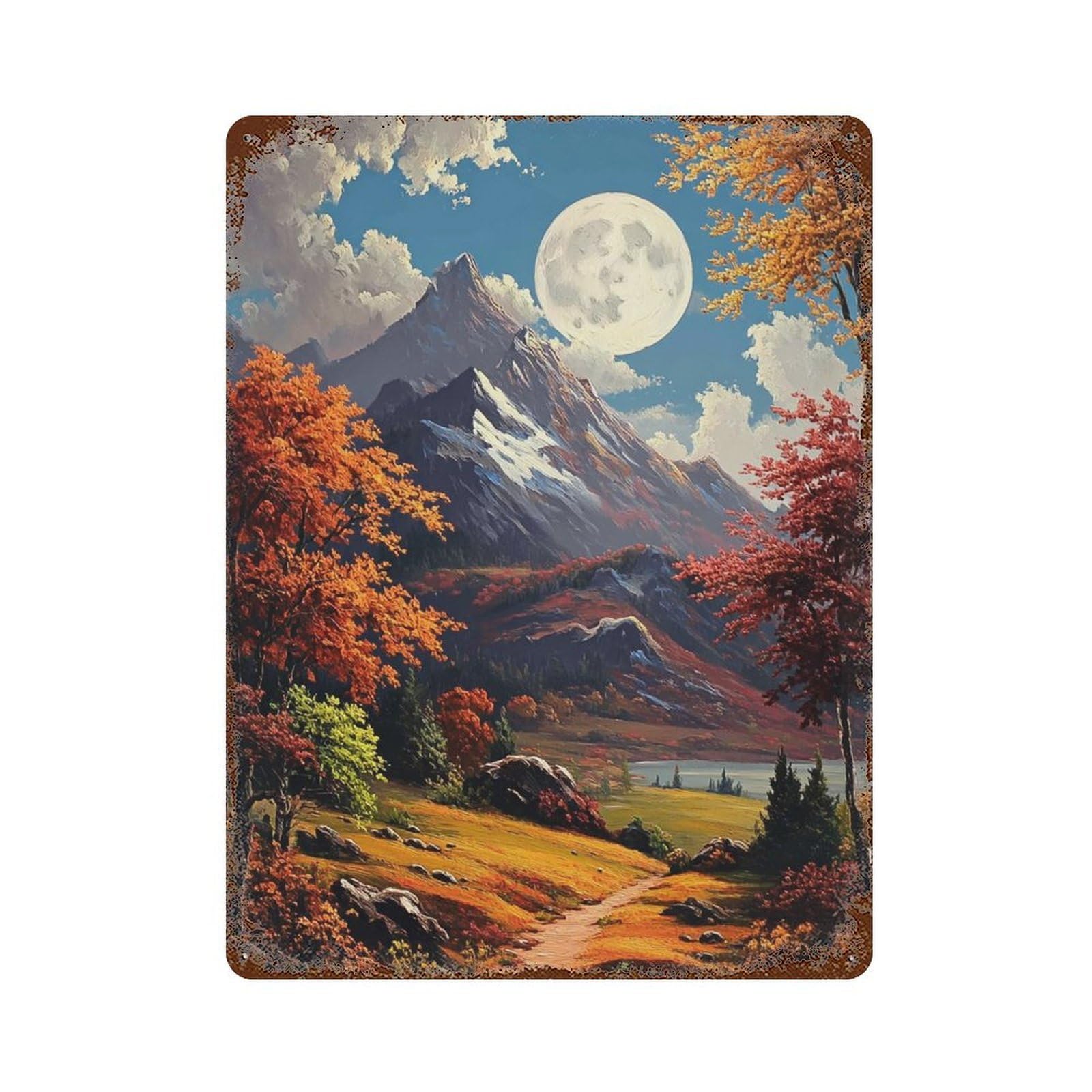 Autumn Moonlit Mountain Landscape Weathered Tin Sign 15.7"x11.8", for Patio, Garden Room And Bar Decor, Farmhouse Wall Decor