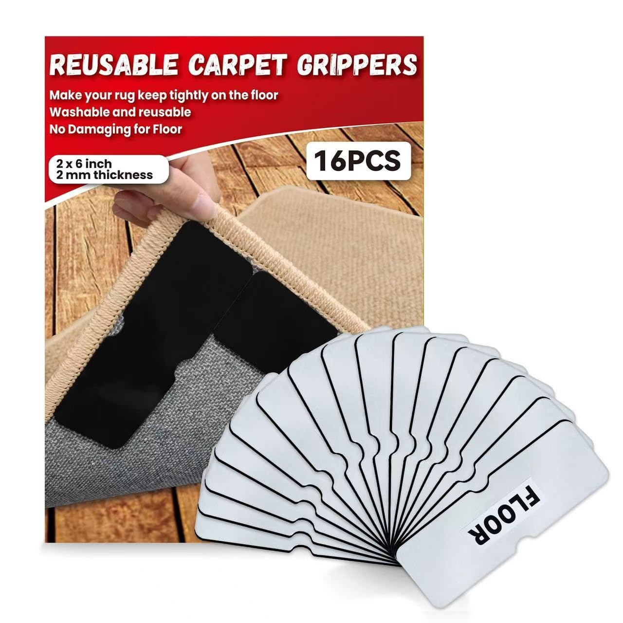 Reusable Carpet Grippers,Non Slip Rug Pads Grippers for Hardwood Floors and Tiles, Washable,Strong Adhesive Grippers for Area Rugs, Keep Corners Flat,