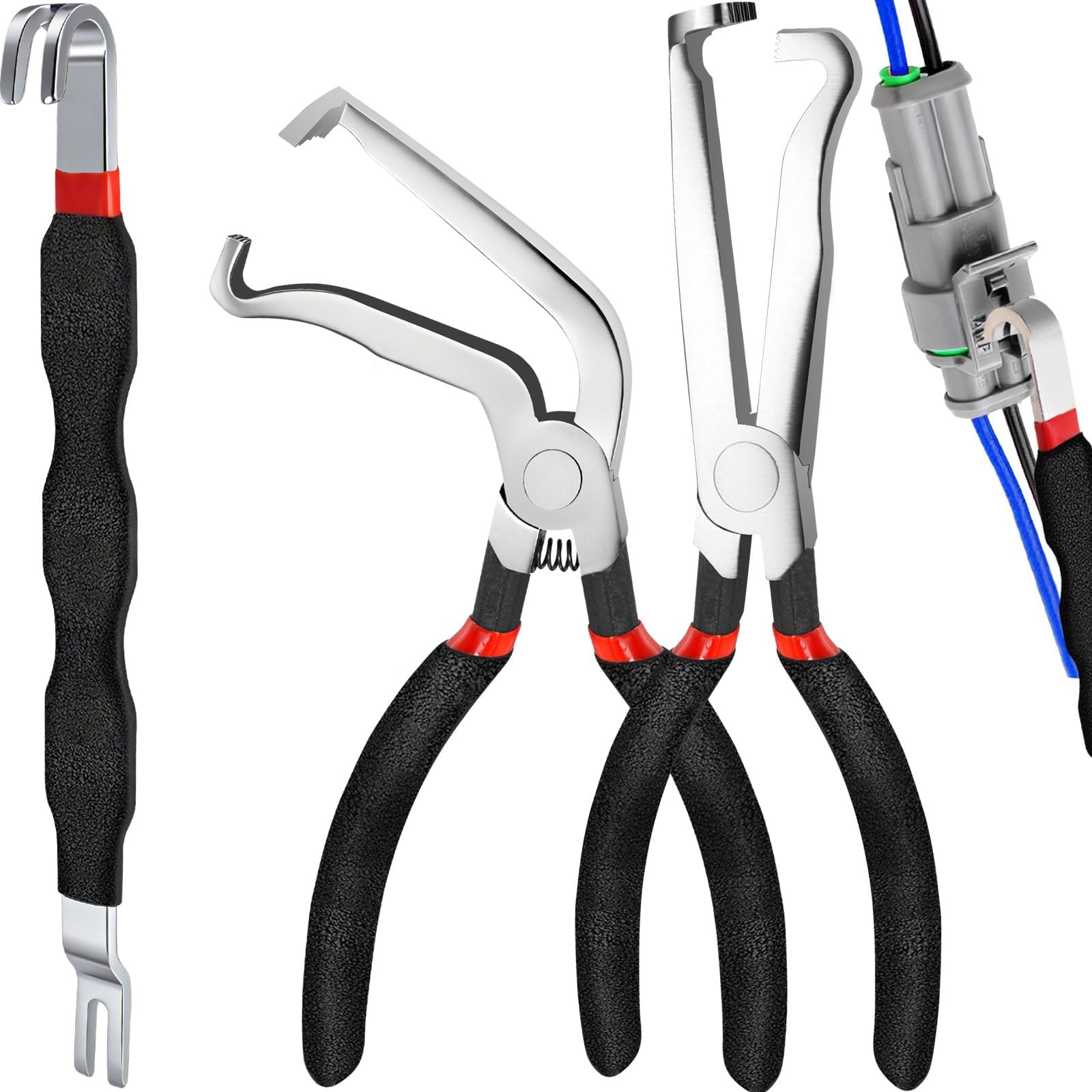 3pcs automotive electrical connector pliers and terminal pin removal tool set, electric wire plug disconnect for car push tab style plugs separator