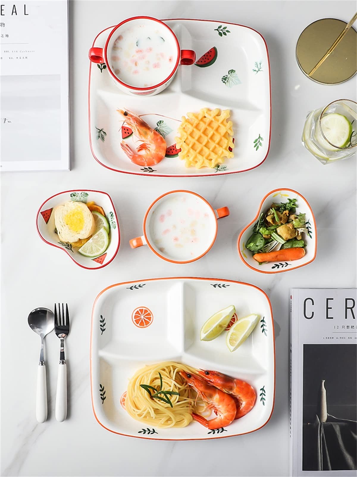 Assiette à dîner avec compartiment, bol, cuillère et fourchettes – Design robuste pour une alimentation saine