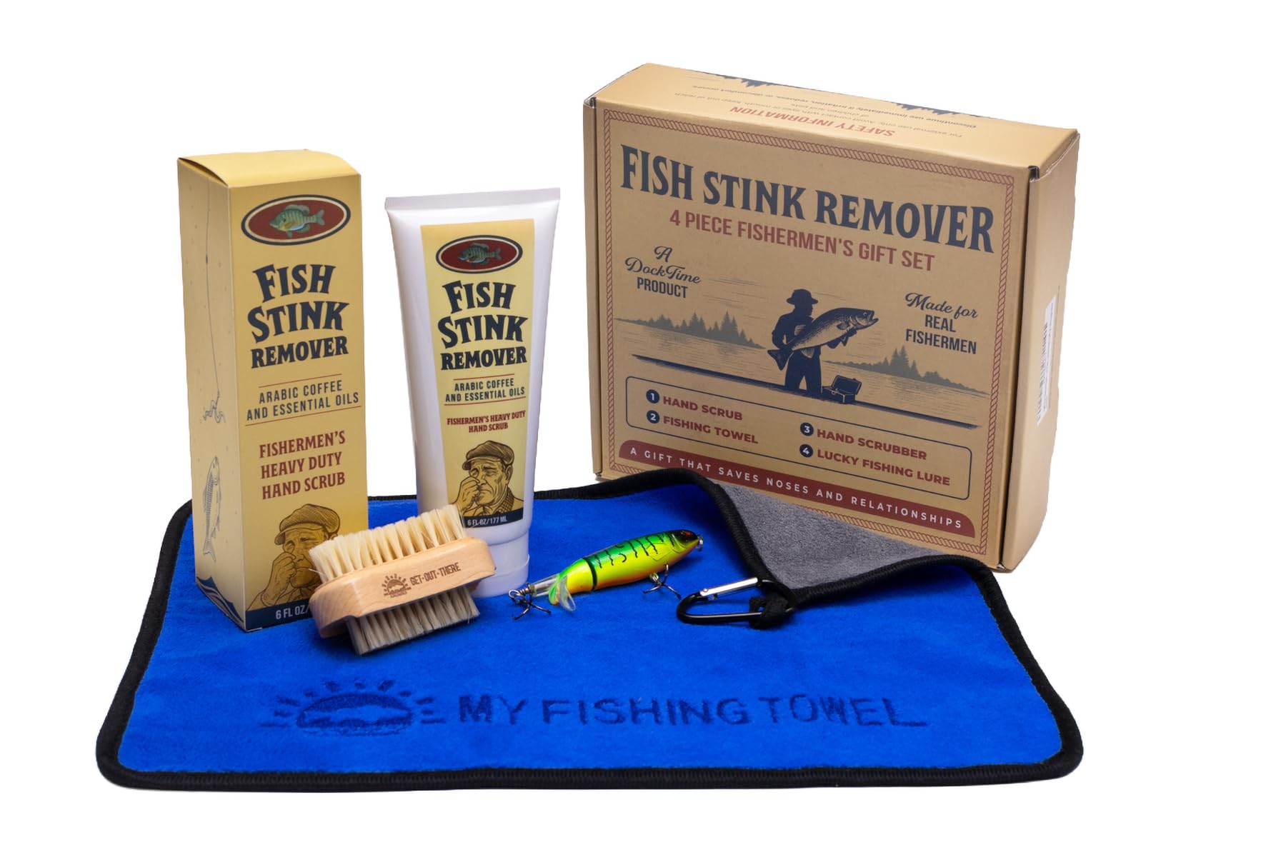 Fishermen - 4 piece Hand Cleanser Gift Set - Includes Microfiber Fishing Towel, Natural Hand Scrub & Scrubber, Fishing Lure - Fishing Gift for Dad, Husband, Boyfriend, Teen