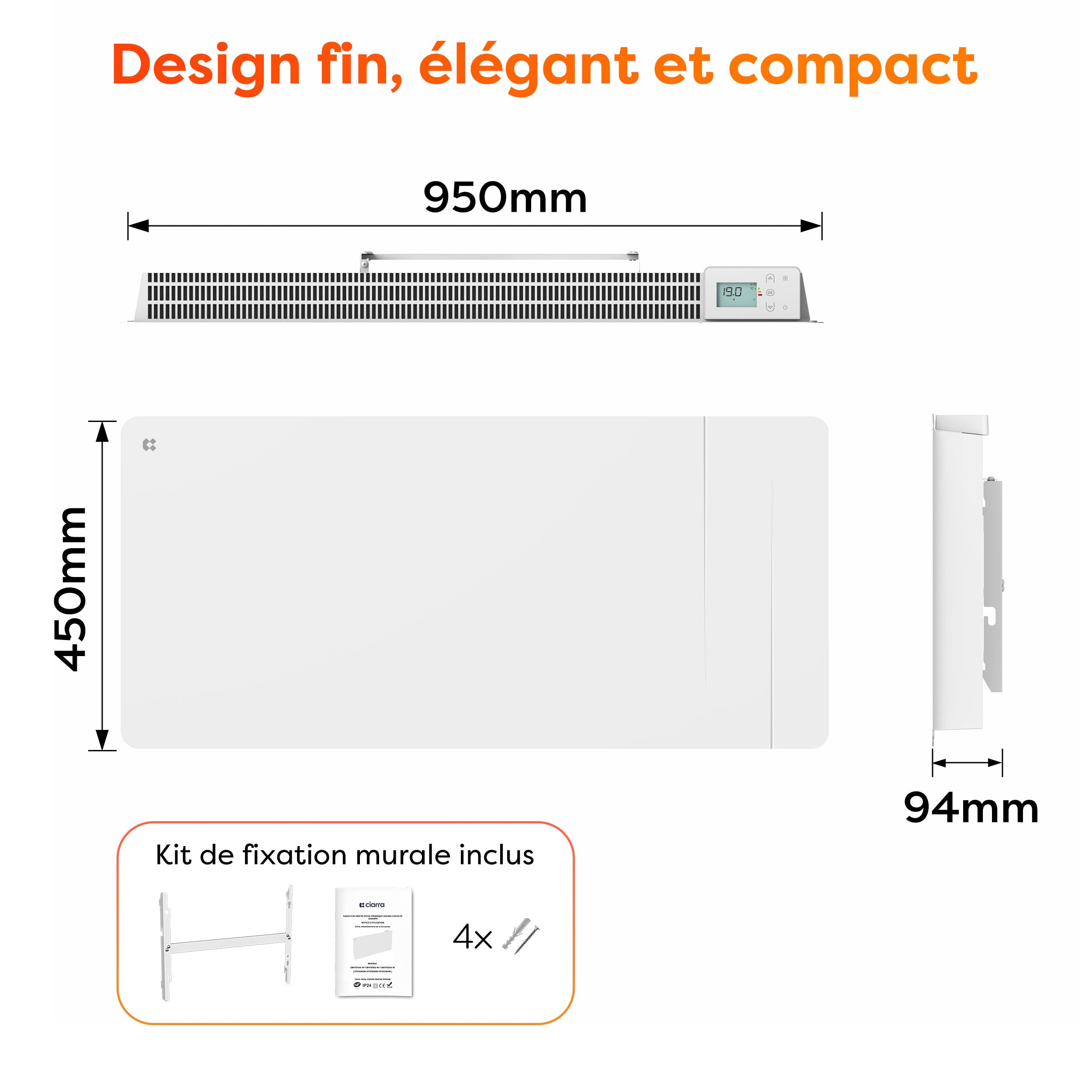 CIARRA Radiateur Inertie Céramique 2000W -WiFi -Film Chauffant - Chauffage Ultra-Rapide pour Grands Espaces (15-30 m²)- CBHTD20A-W