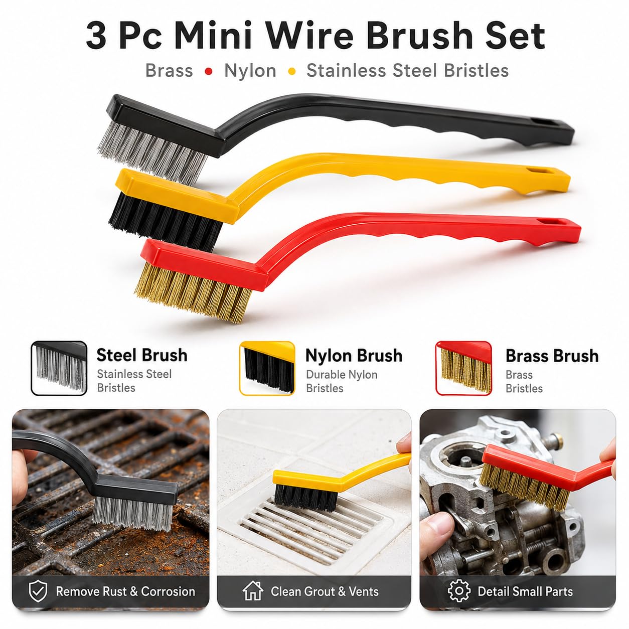 Sulfar 3 Pc Mini Wire Brush Set (Brass, Nylon, Stainless Steel Bristles) 4
