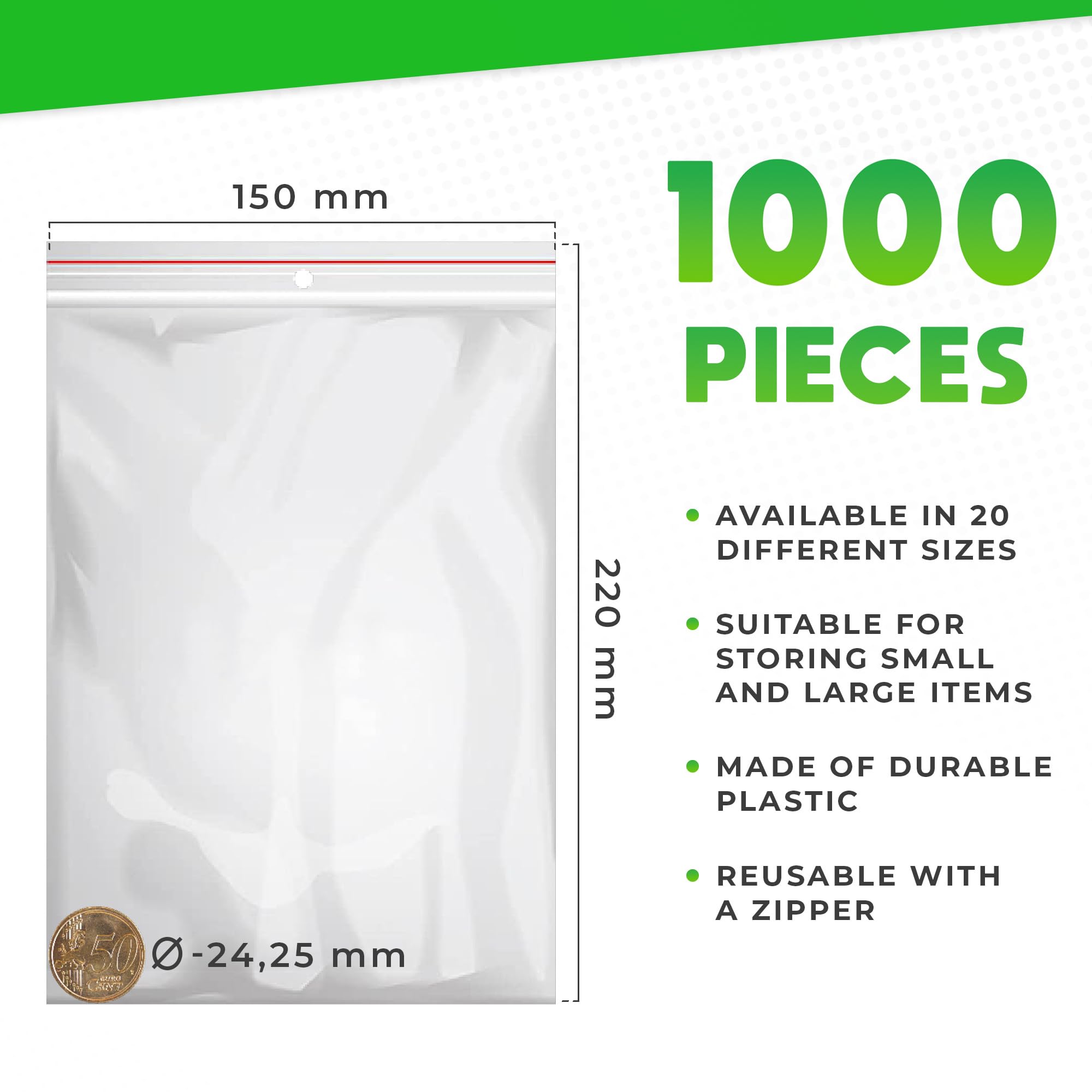 V1 TRADE Sachets Zip – Sachets Plastiques 150 x 220 mm – 1000 Pièces