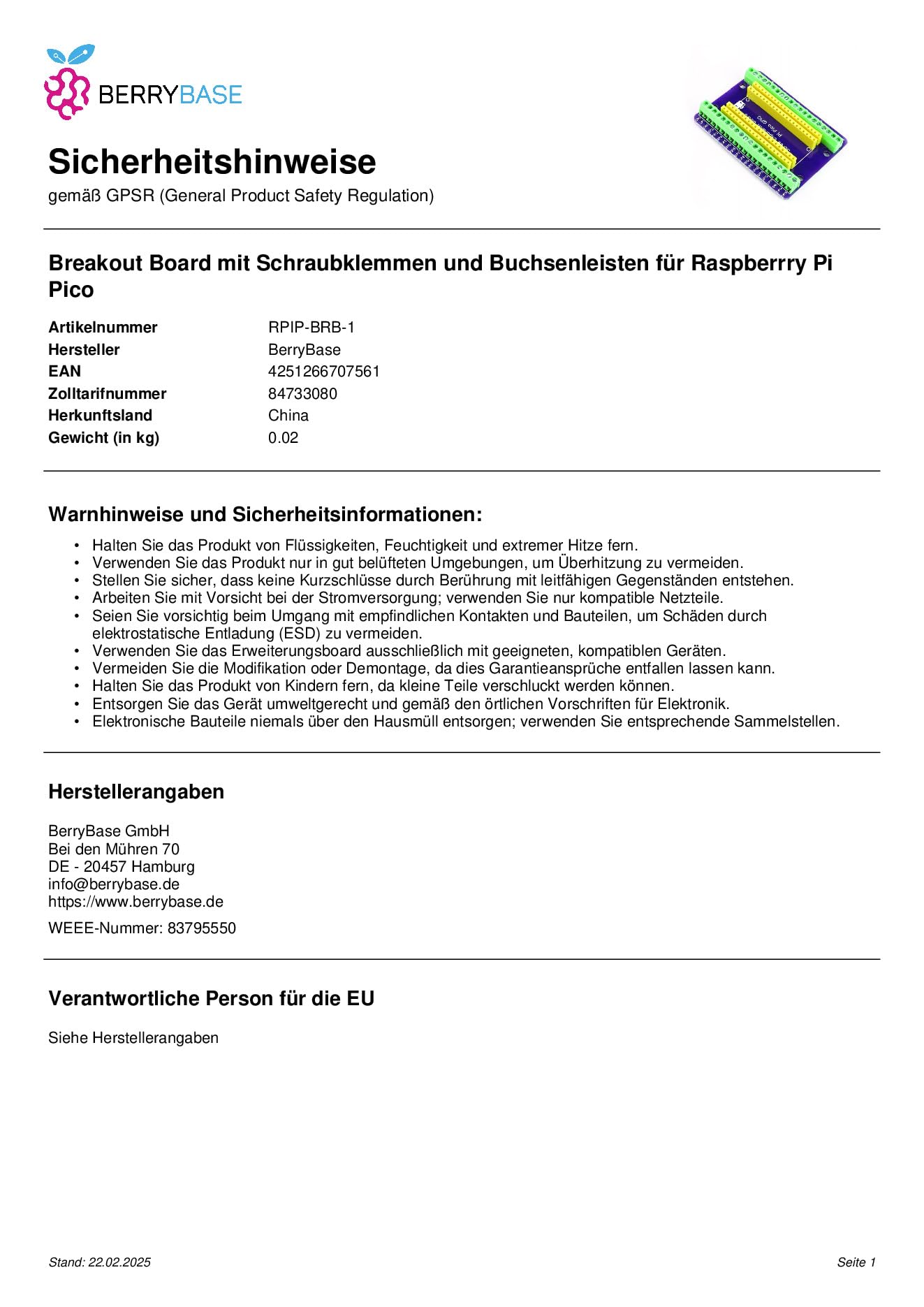BerryBase Breakout Board mit Schraubklemmen und Buchsenleisten für Raspberrry Pi Pico