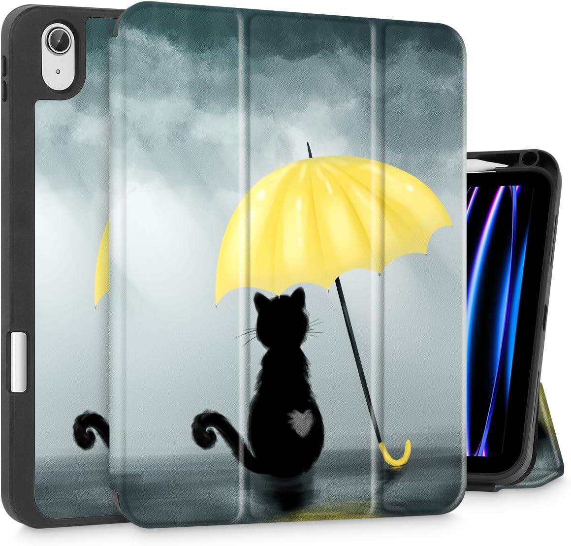 Tuiklol Case for iPad Air 13 inch 2024 with M2 Chip Model A2898/A2899/A2900 - Built in Pencil Holder,Slim TPU Protective Back Tablet Cover with Smart Trifold Stand Auto Wake/Sleep,Black Cat