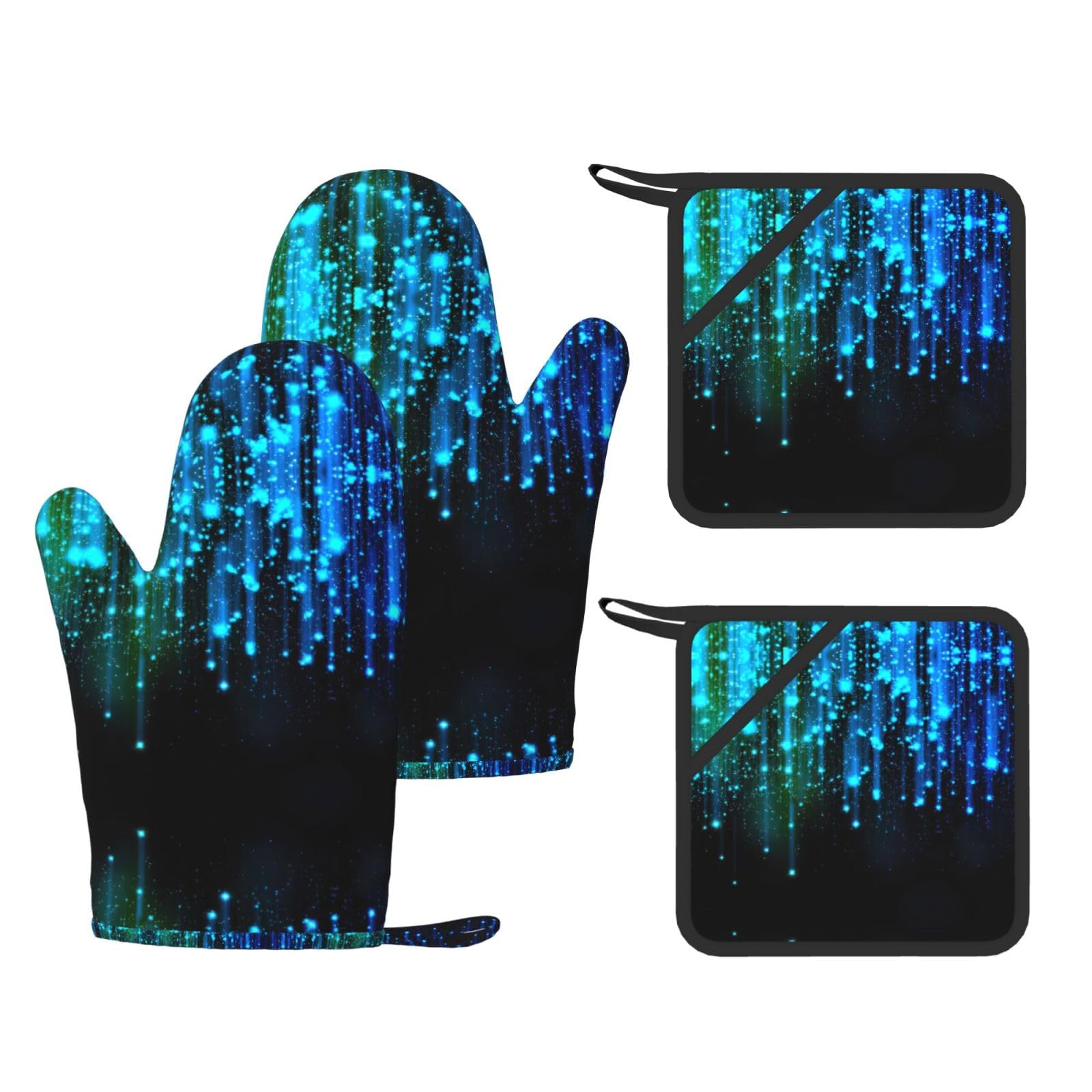 Stars Printed Cooking Mitts and Pot Holders 4 Pcs, Heat Resistant Oven Gloves with Hanging Loop Chef