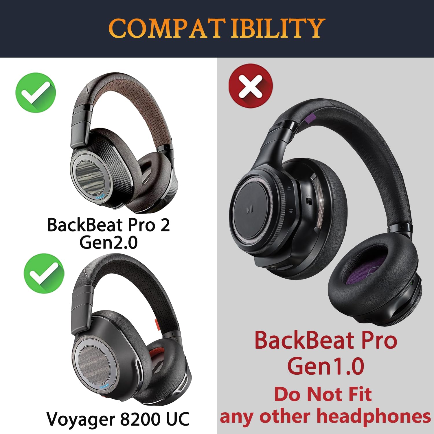 SOULWIT Pelle Proteica Cuscinetti Auricolari + Archetto, Kit di Ricambio per Plantronics BackBeat Pro 2, Cuffie Voyager 8200 UC, Parte di Riparazione di Ricambio - Nero