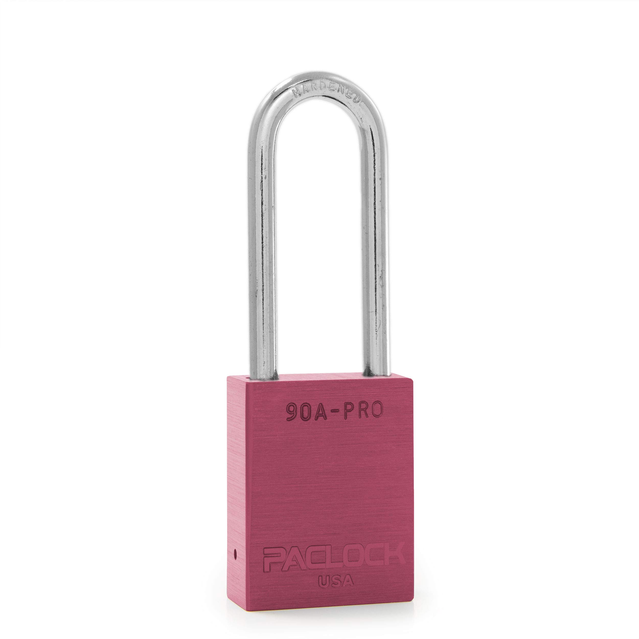 PACLOCK's 90A-PRO Padlock, 1/4" Diameter Hard. Steel Shackle, 2-1/2" Tall, High Performance 7-Pin Cylinder w/ 1 Key, Keyed Differently, Pink