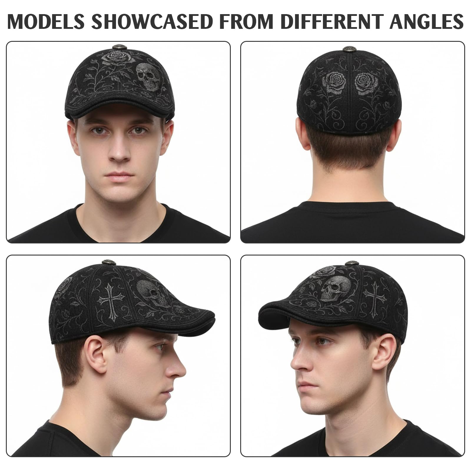 CHANGYUE Casquette Plate crâne et épine, Chapeau rétro réglable Gothique avec crâne, Rose et Croix, Cadeau Mode