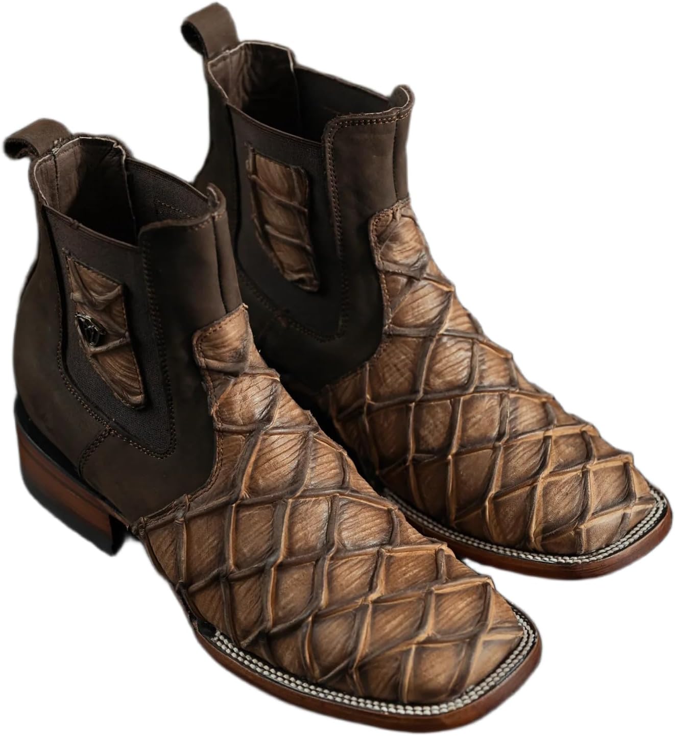 Men’s Rodeo Cartie Genuine Leather Square Toe Exotic Monster Fish Royal Pirarucu 4D Print Short Ankle Cowboy Western Boots - Oryx
