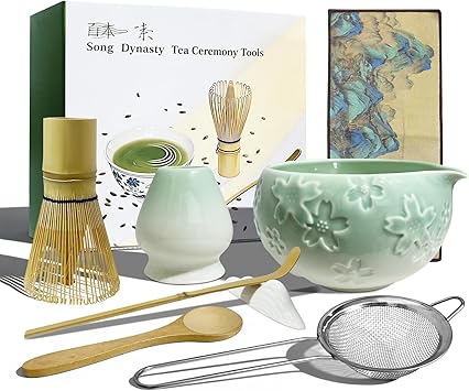 Matcha Set - Complete Matcha Kit with Ceramic Bowl, Bamboo Matcha Whisk, Wooden Spoon, Ceramic Whisk Stand, Tea Towel & Sifter for Making Matcha Power Drinks