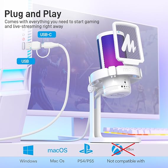 MAONO USB Oyun Mikrofonu, Gürültü Engellemeli Kondansatör Mikrofon, Sessizleştirme, Kazanç, İzleme, Pop Filtresi ile Akış, Podcast, Twitch, YouTube, Discord, PC, Bilgisayar, PS4&5, Mac, DGM20, Beyaz