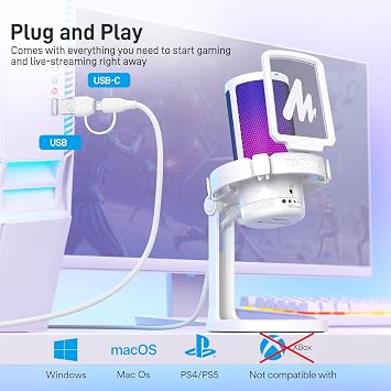 MAONO USB Oyun Mikrofonu, Gürültü Engellemeli Kondansatör Mikrofon, Sessizleştirme, Kazanç, İzleme, Pop Filtresi ile Akış, Podcast, Twitch, YouTube, Discord, PC, Bilgisayar, PS4&5, Mac, DGM20, Beyaz