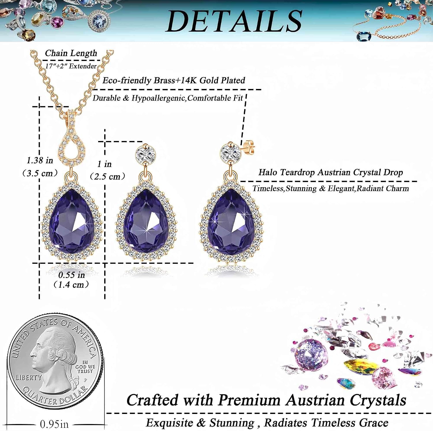 EVEVIC Austrian Crystal Teardrop Necklace and Earrings Set for Women image 4