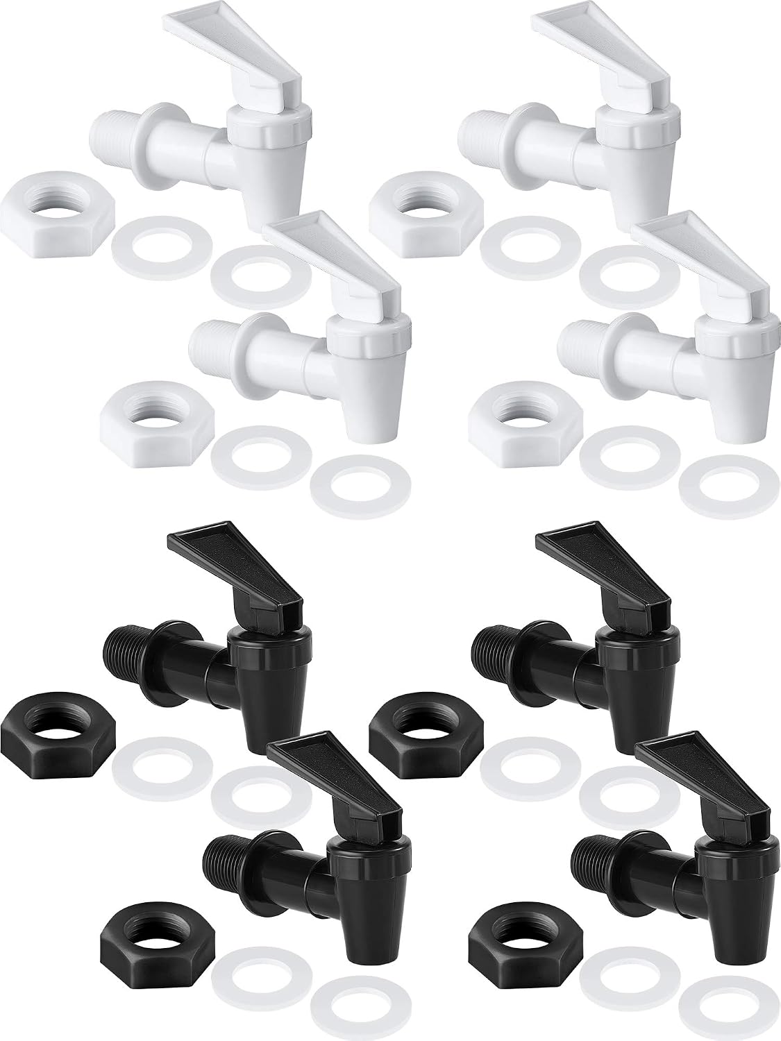 BPA-Free Replacement Cooler Faucet Water Bottle Jug, Dispenser Tap Set, Reusable Spigot Spout Water Beverage Lever Pour Dispenser Valve Water Crock Tap (Black, White, 4 Sets)