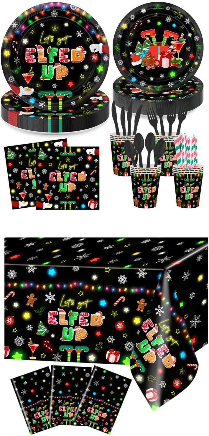 Avezano Christmas Paper Plates and Napkins for 24 Guests | 3 Pcs Christmas Tablecloth