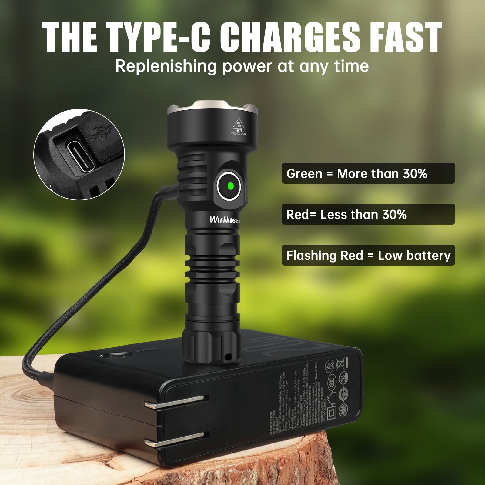 Wurkkos TS23 Torcia Led Ricaricabile, 5000 Lumen Torcia LED Potente Professionale, Portatile Torcia Tattica Militare,9 Modalità IP68 Impermeabile Lampada Portatile Flashlight Per Campeggio Emergenza