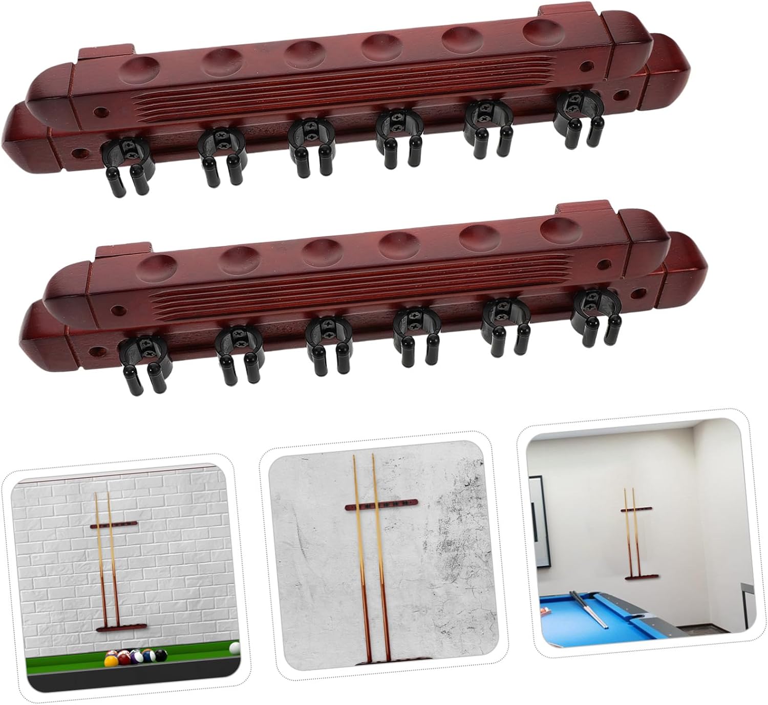 BESPORTBLE 2 Sets Burgundy Solid Wood Billiard Cue Wall Mount Rack Pool Stick Holder Organizer for Game Sturdy Multicue Display Stand for Snooker and Billiards Equipment Storage