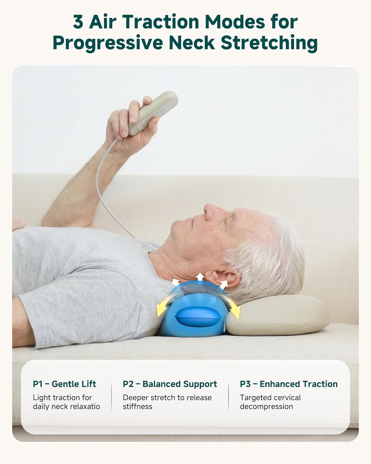 Neck Massager with Heat, Cordless Rechargeable Neck Traction Massage Pillow with Air Compression, Neck Stretcher Pillow with 3 Modes, Digital Display Remote, Ergonomic Cervical Support for Home Office