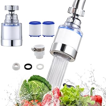 360  Rotating Faucet Mount Filter, Tap Water Purifier, Remove Chlorine Heavy Metal Hard Water Softener Water Faucet Filter for Sink Kitchen Bathroom+2 Filter Elements+Universal Adapter