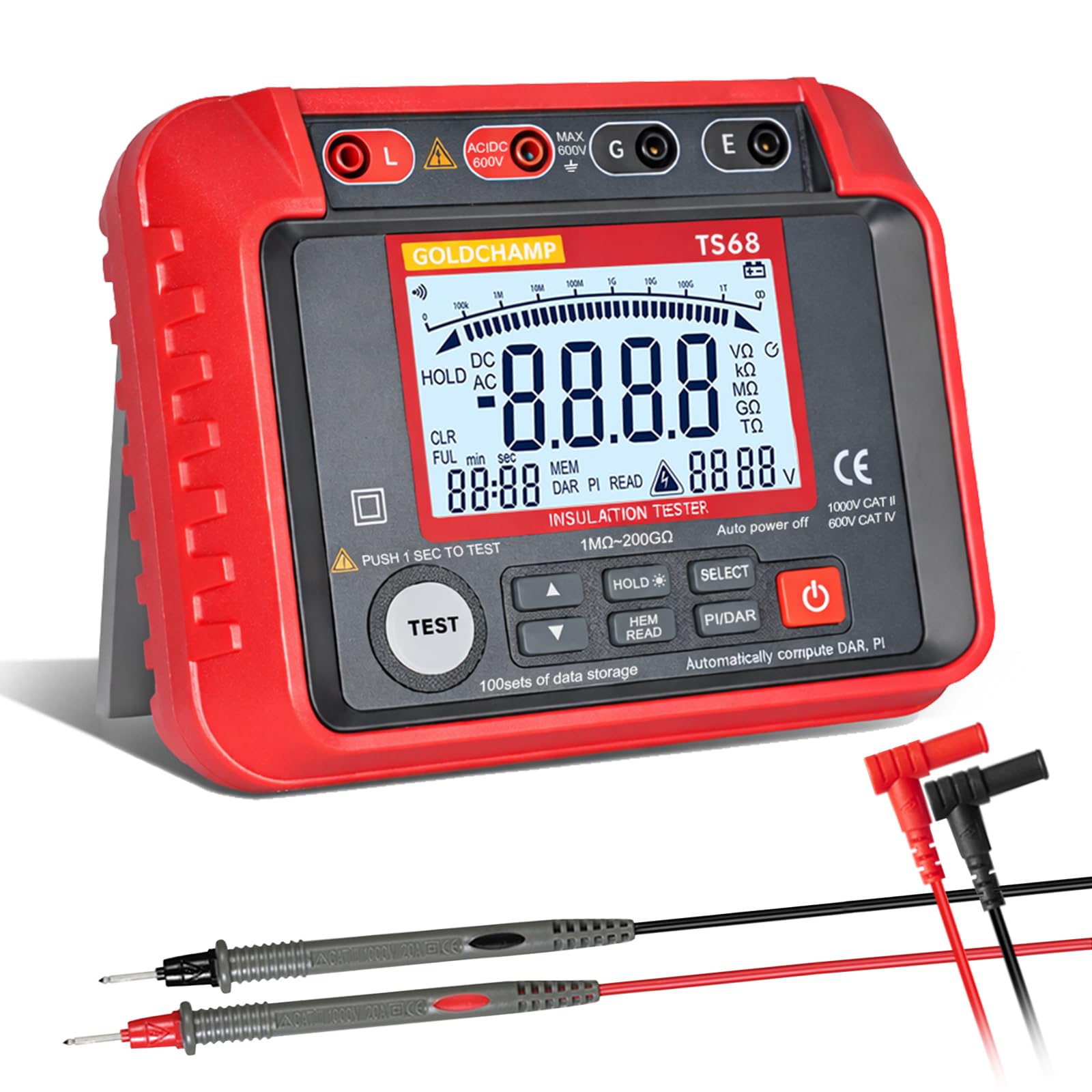 Digital Insulation Resistance Tester 250V-2500V, Kethvoz Megohmmeter 1Mฮฉ~200Gฮฉ, AC/DC 10V~600V, DAR PI Testing, 2000 Digits Multi Tester Meter with Auto Range, Backlit LCD, 100 Data Storage