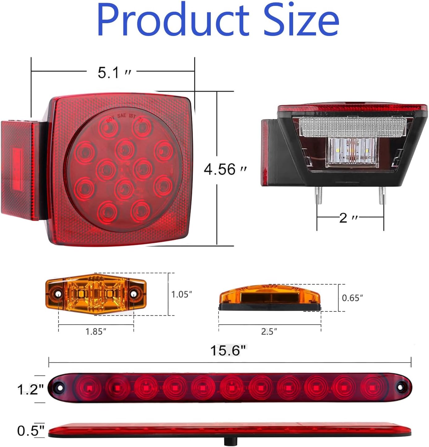 LIMICAR LED Boat Trailer Lights Kit, Submersible Square Stop Turn Tail Lights, 6 Marker Lights, 15" 11-LED 3rd Brake ID Bar, 25FT Heavy-Duty Protective Wiring Harness for Utility RV Camper Under 80"