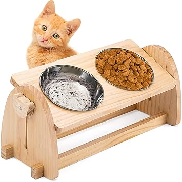 Dog Raised Bowls,Elevated Dog Bowls for Dogs and Cats,Adjustable Wooden Raised Dog Bowl Stand with 2 Stainless Steel Bowls