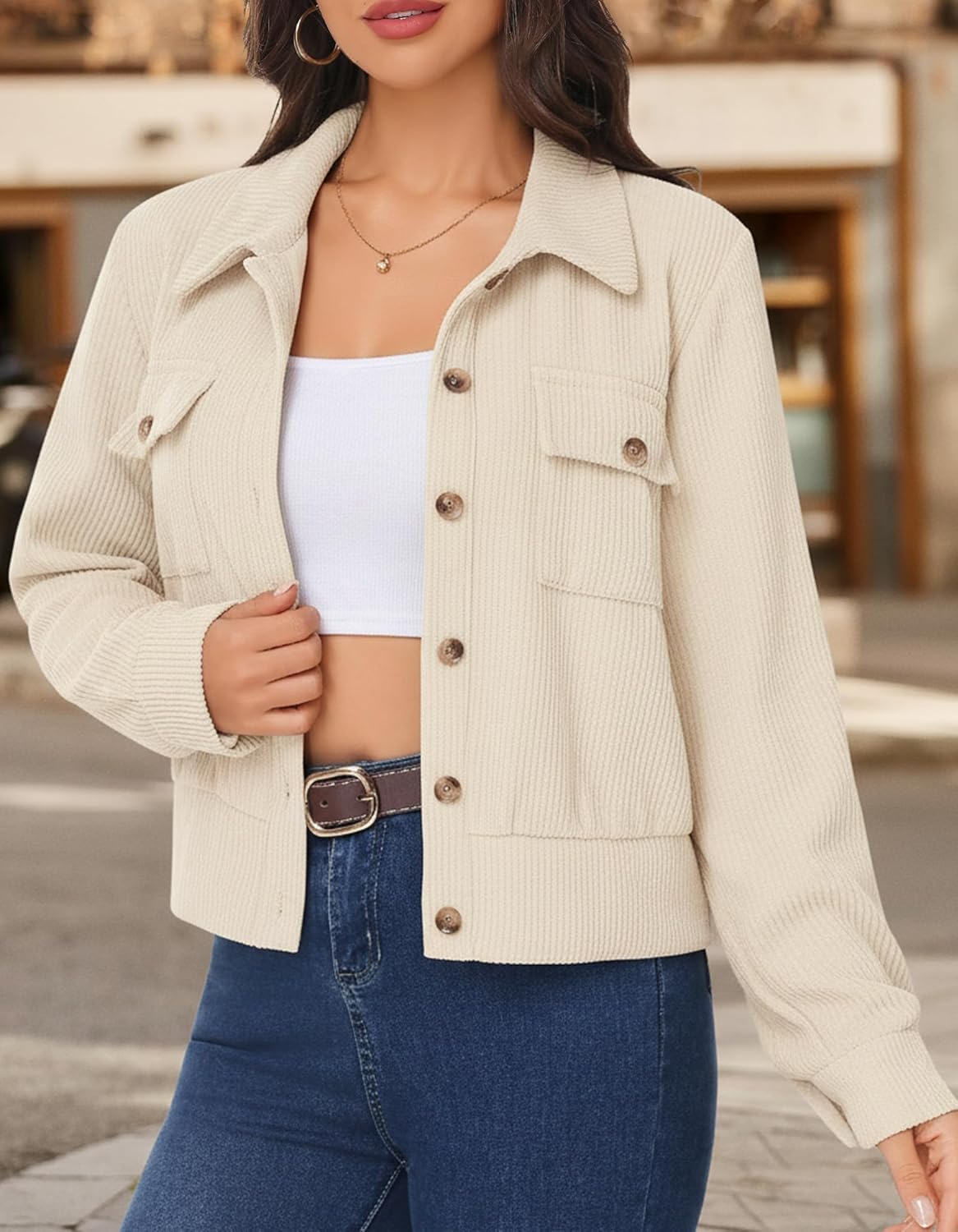 Women Cropped Corduroy Shacket Casual Button Down Jacket Long Sleeve Fashion 2025 Trendy Collared Outfit Fall Winter - Image 6