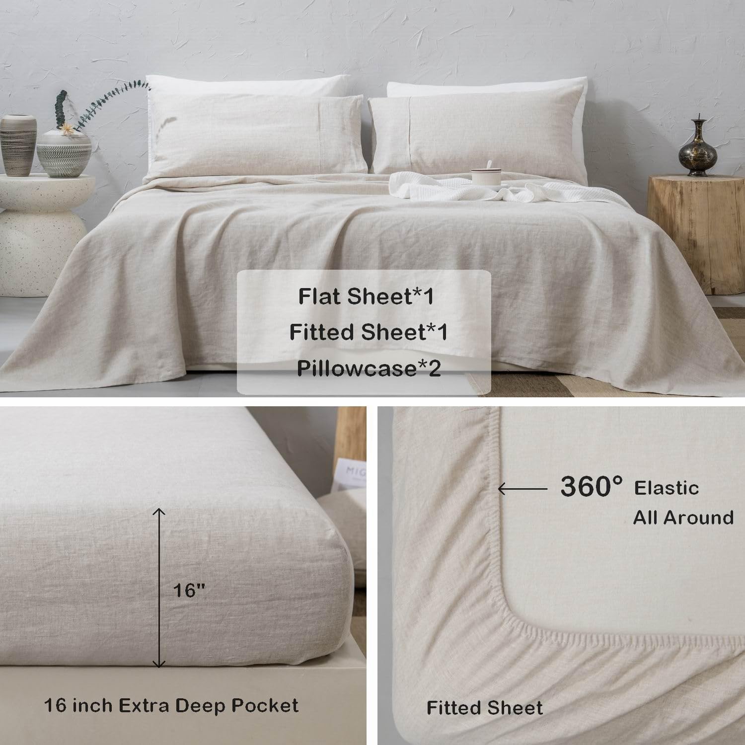 meadow park 100% Washed French Linen Sheet Set-Queen Size-Natural Linen-4 Pieces (1 Flat Sheet, 1 Fitted Sheet & 2 Pillowcases), 16" Deep Pocket, Breathable,Ultra Soft and Durable