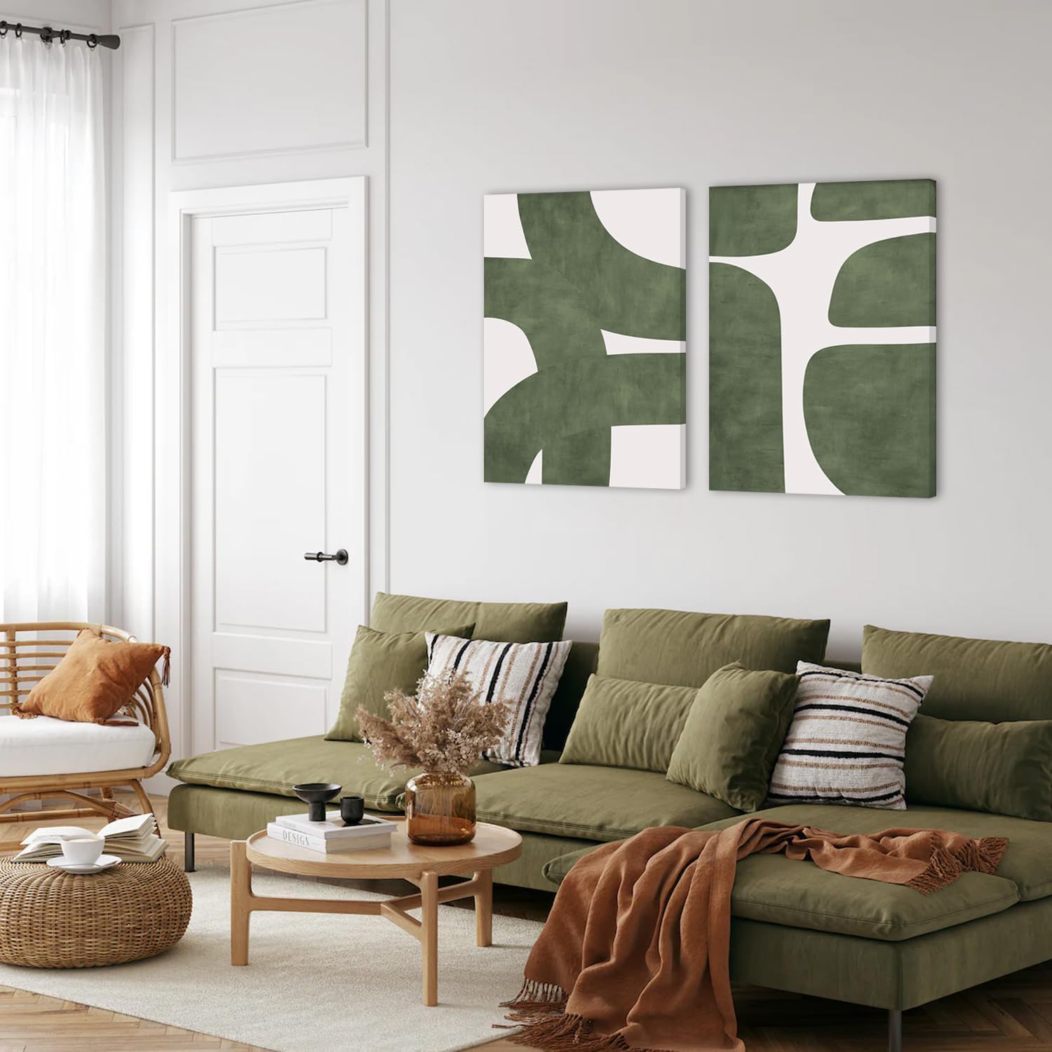 Set of 2 Green Abstract Canvas Wall Art Modern Minimalist Wall Decor Green and White Beige Line Pictures Prints Wabi Sabi Paintings Living Room Home Decoration 16x24inch Ready to Hang