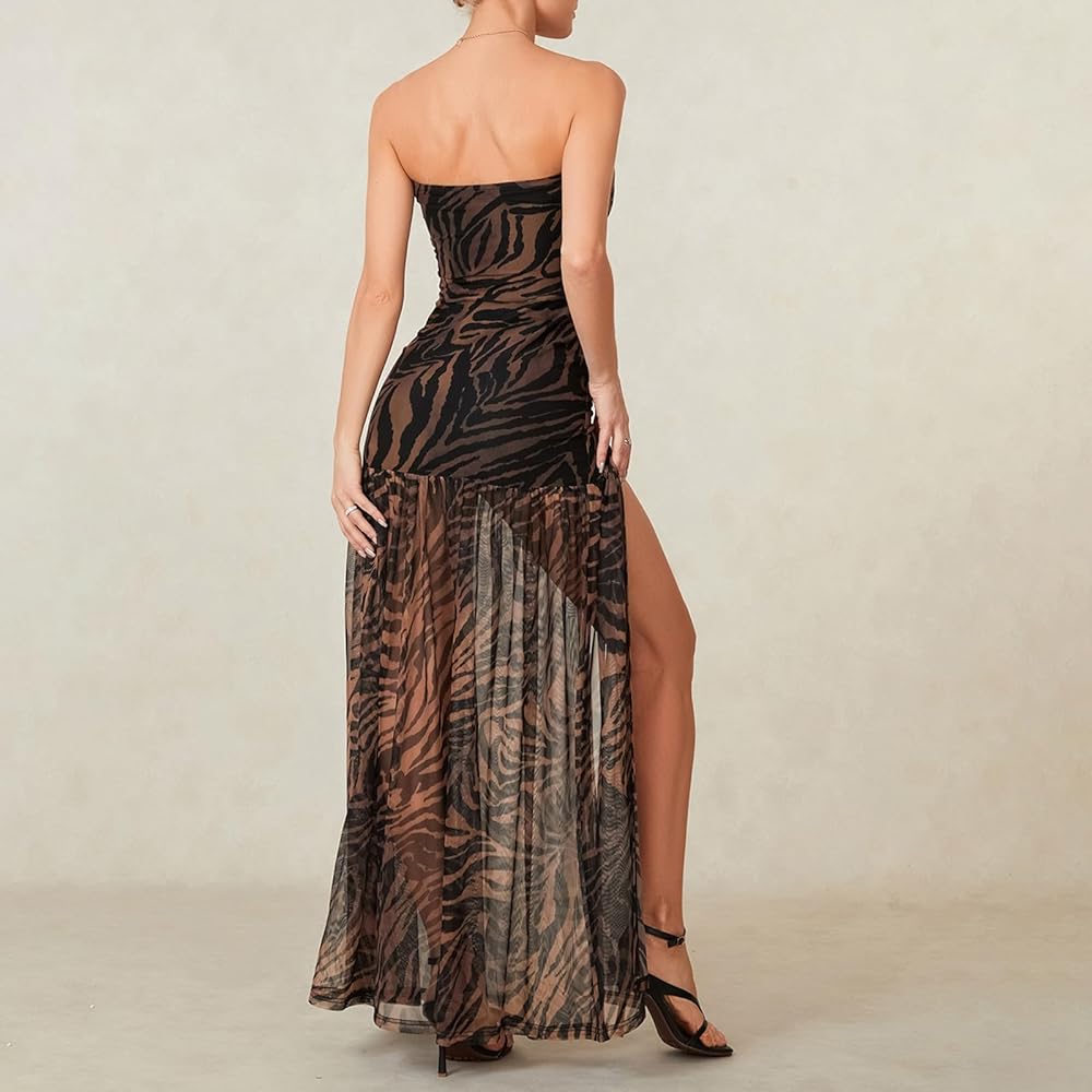 Women Y2k Floral Mesh Tube Top Dress Backless See Through Long Maxi Dress  Sexy Sheer Strapless Club Party Dress (Brown, S) : Clothing, Shoes &  Jewelry - Amazon.com