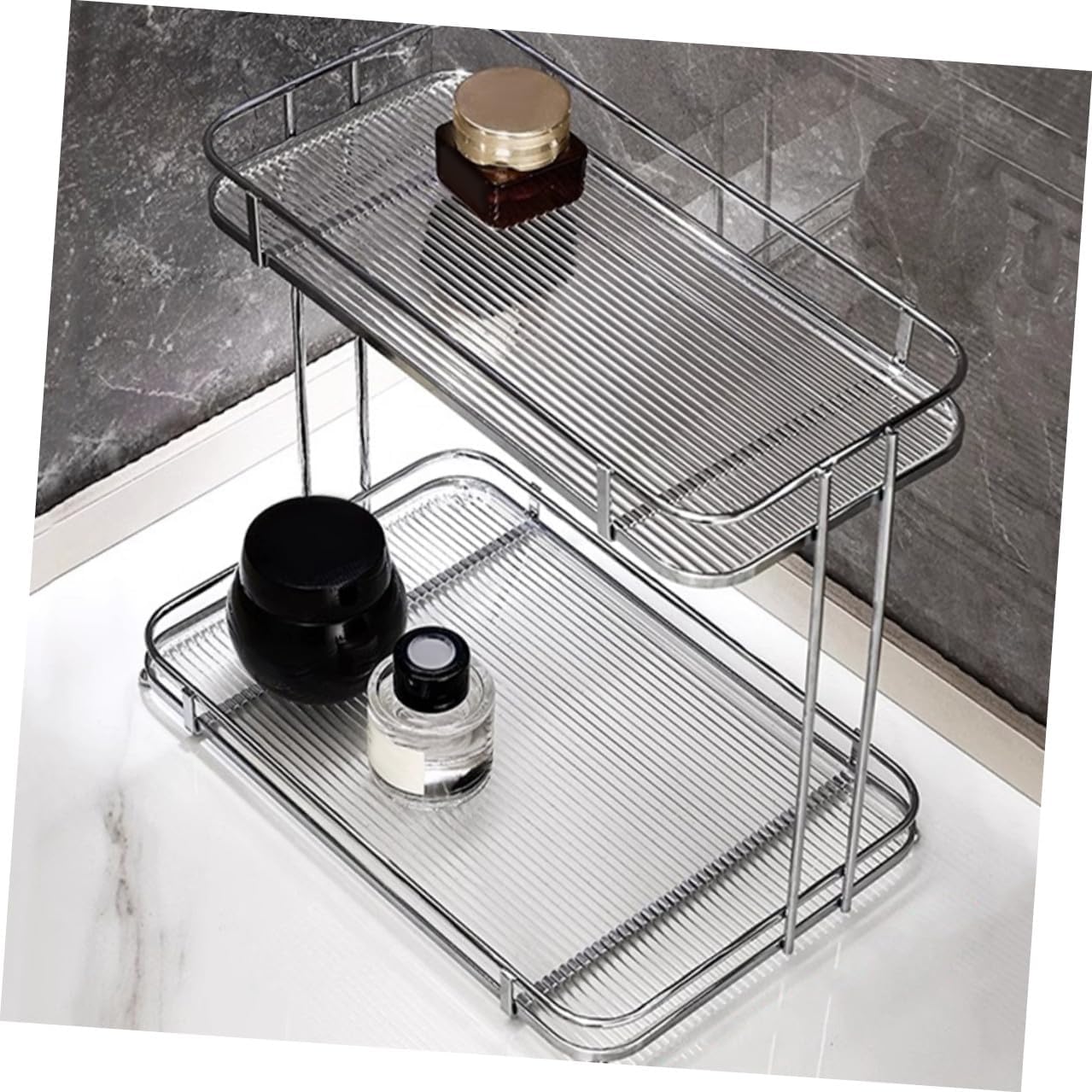 Acrylic Bathroom Countertop Organizer Shelf Transparent Striped Cosmetic Storage Rack with Silver Frame Space-saving Desktop Holder for Toiletries and Makeup Sturdy and Easy to