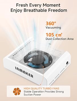 INMAKER 60W Nail Dust Collector with 2 Reusable Filters | 60W Power Manicure for Dust Collector Nail Salon, Professional Vacuum Nail Dust Extractor for Acrylic Nail Removal