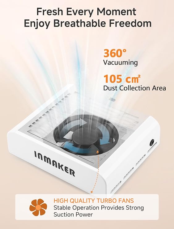 INMAKER 60W Nail Dust Collector with 2 Reusable Filters | 60W Power Manicure for Dust Collector Nail Salon, Professional Vacuum Nail Dust Extractor for Acrylic Nail Removal